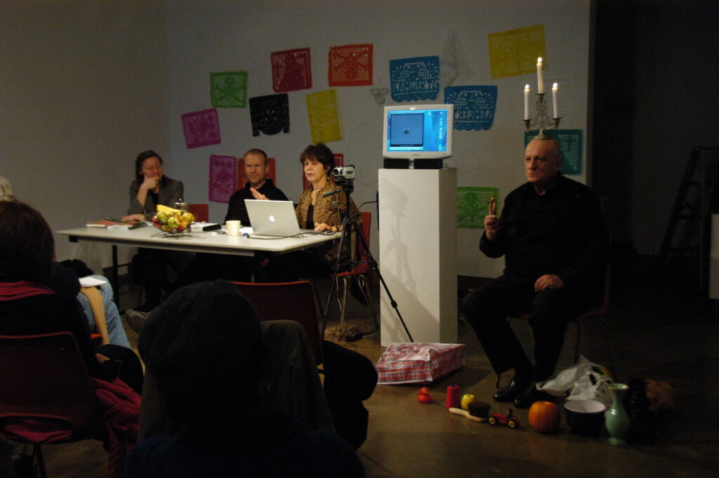 Panelists Annette Arlander and Paul Couillard with moderator Johanna Householder and interventionist Norbert Klassen at the Terms of Engagement: Presence and the Performative Event at XPACE Cultural Centre