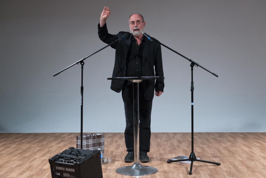 Bartolomé Ferrando performing Sound performance with newspaper | Sound performance with little objects at Geary Lane