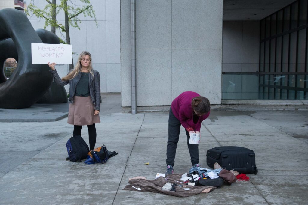 Tanja Ostojić performing Misplaced Women? at the corner of Dundas St W & McCaul