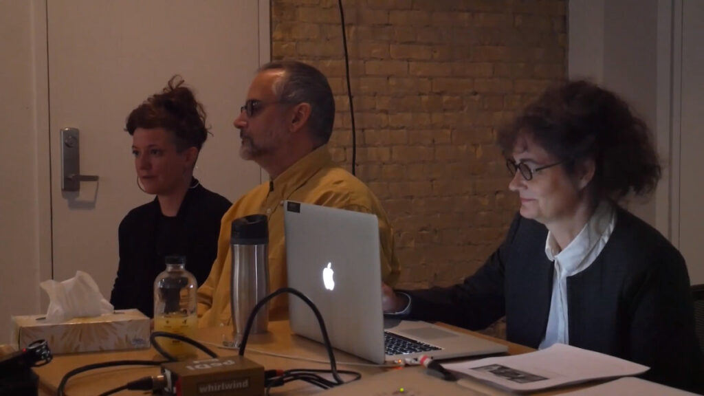 Translator Michelle Lacombe, Jean-Pierre Demers, and Hélène Doyon at the Performance Art Daily - Undisicplinarity artist panel, 7a*11d 2016