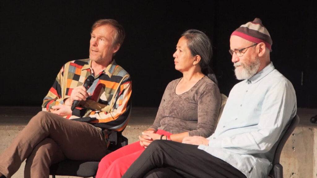 Moderator Paul Couillard, Arahmaiani, and François Morelli at the October 5 2018 Performance Art Daily artist panel