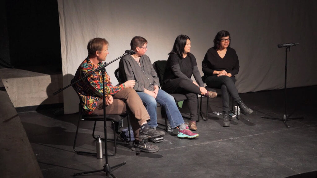 Moderator Paul Couillard, Thirza Jean Cuthand, Cindy Mochizuki, and Louise Liliefeldt at the October 6, 2018 Performance Art Daily artist talk