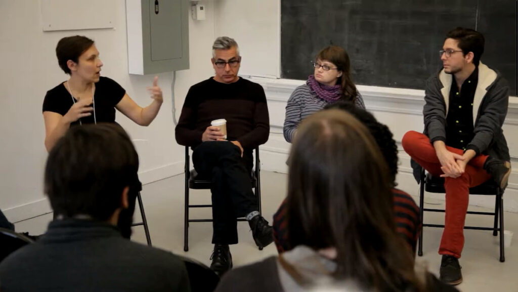 Moderator Bojana Videkanic, Gary Varro, Anya Liftig, and Christian Bujold at Performance Art Daily - Approaching architecture artist panel, October 31 2014