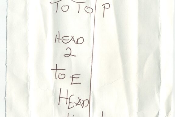 Notebook page from Step 2 with a small cartoon head at the top and an arrow pointing down to three cartoon toes, with the words 'Head to o head to top head 2 toe heat to toe to two two two to' in fine black ink