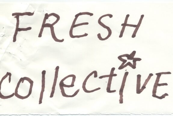Notebook page from Step 2 with the words 'Fresh collective' in thick black marker. The 'i' is dotted with a five-pointed star