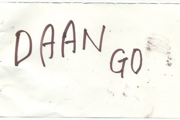 Notebook page from Step 2 with the words 'Daan go' in thick black marker