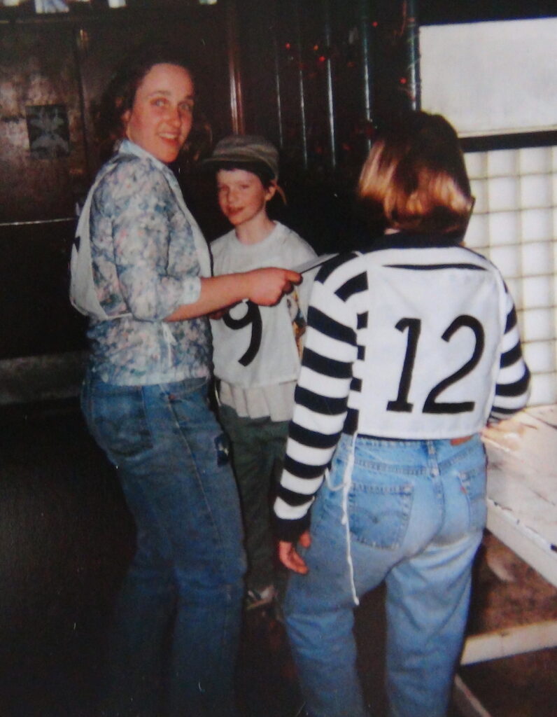 Jenny Keith and participants at the Dance-a-thon, Symptom Hall 1997.