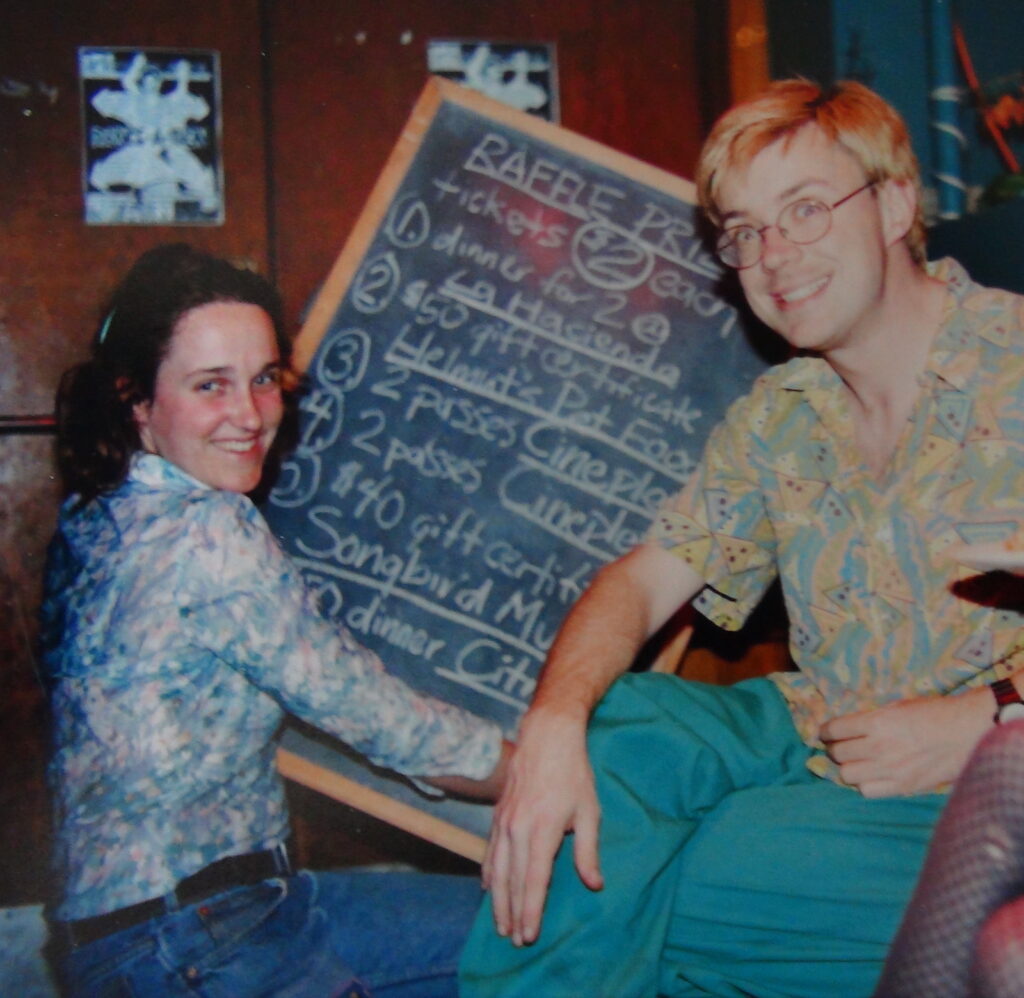 Jenny Keith and participants at the Dance-a-thon, Symptom Hall 1997.