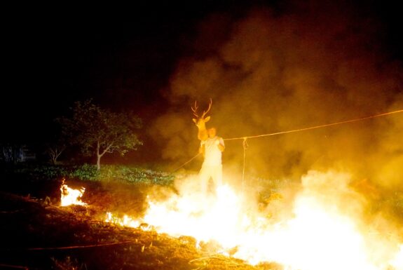 A man dressed in white stands in a dark field, with a line of fire flaming and smoking before him. In one hand he holds up the head of a deer on a stick.
