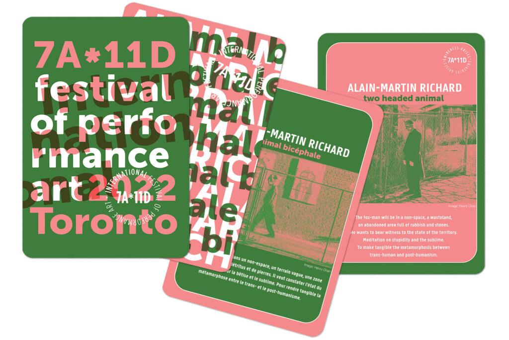 Overlapping images of "trading cards" in green and pink, documenting the 2022 7a*11d Interntional Festival of Performance Art