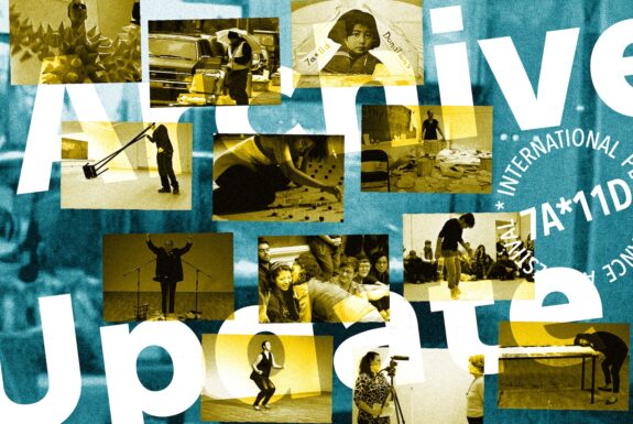 Graphic of images from updated project posts in gold against a cyan backdrop with the festival logo and the words "Archive update" in white