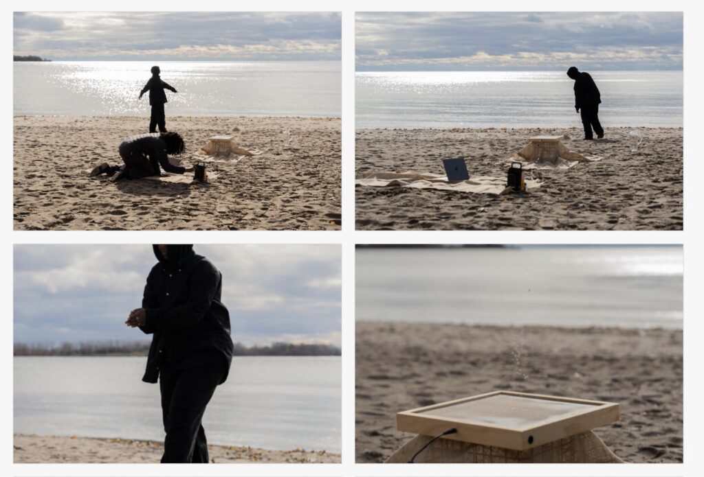 A screenshot of 4 images of a figure on a beach and a flat speaker placed on a burlap-covered stand above the sand, while particles of sand drop onto it.